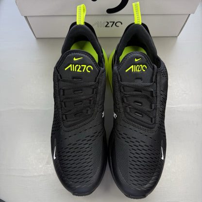 Nike Air Max 270 black trainers with neon volt accents and white sole.