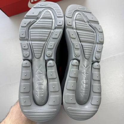 Nike Air Max 270 BG black trainers with crimson red accents and grey detailing.