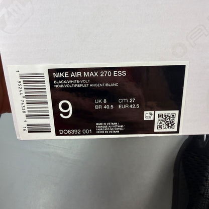Nike Air Max 270 black trainers with neon volt green accents and white sole.