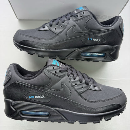 Nike Air Max 90 black trainers with laser blue accents and signature logo.