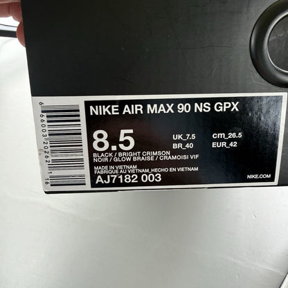 Nike Air Max 90 trainers black with crimson and white big logo design.