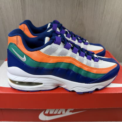Nike Air Max 95 trainers white with Neptune blue accents and iconic logo details.