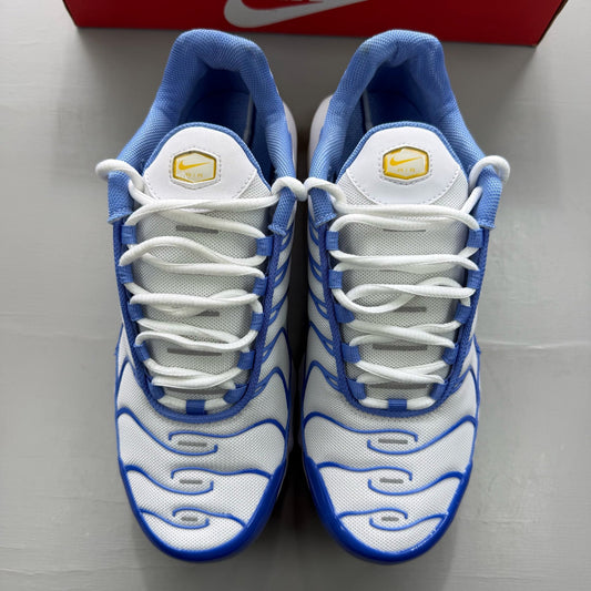 Nike Air Max Plus TN blue trainers with white accents and signature logo details.