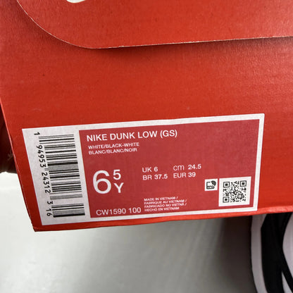 Nike Dunk Low white and black sneakers with retro panda design and logo.
