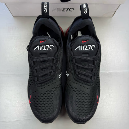 Nike Air Max 270 black trainers with university red accents and white sole.