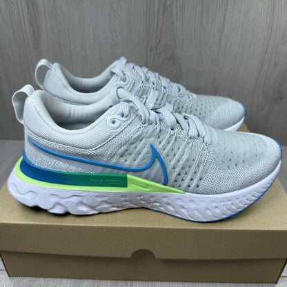 Nike React Infinity Run Flyknit 2 trainers blue grey white with Flyknit upper and logo.