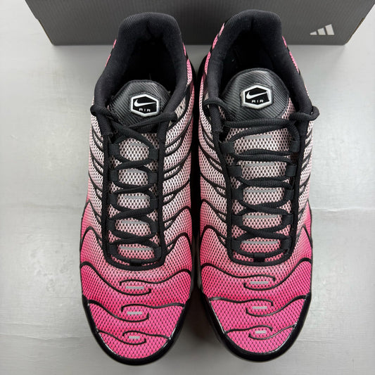 Nike Air Max Plus TN pink trainers with sunset gradient and signature swoosh logo.
