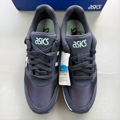 ASICS blue trainers with white accents and logo detail on the side.