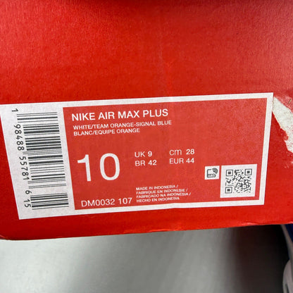 Nike trainers white with signal blue accents and distinctive Air Max Plus design.