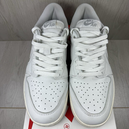 Nike Air Jordan 1 Low 85 grey trainers with white accents and iconic swoosh logo.