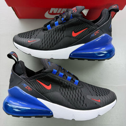 Nike black Air Max 270 trainers with blue accents and logo detail.