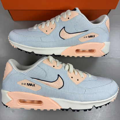 Nike Air Max 90 Golf trainers blue seersucker pattern with logo detail.