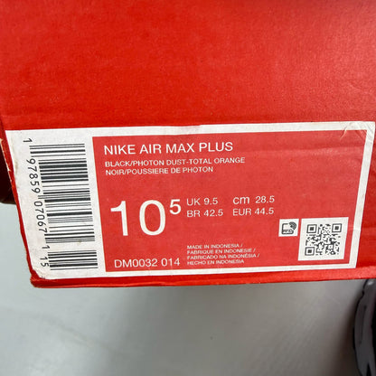 Nike Air Max Plus TN orange trainers with distinctive wave pattern and logo.