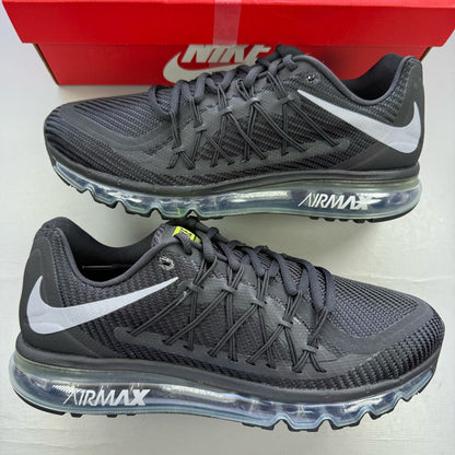Nike Air Max 2015 black trainers with grey accents and logo detail.