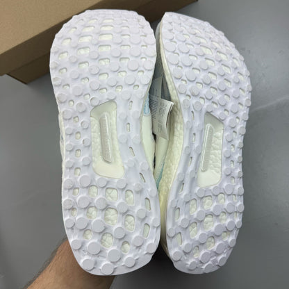 Adidas Ultra Boost 3.0 white trainers with Parley logo and breathable mesh upper.
