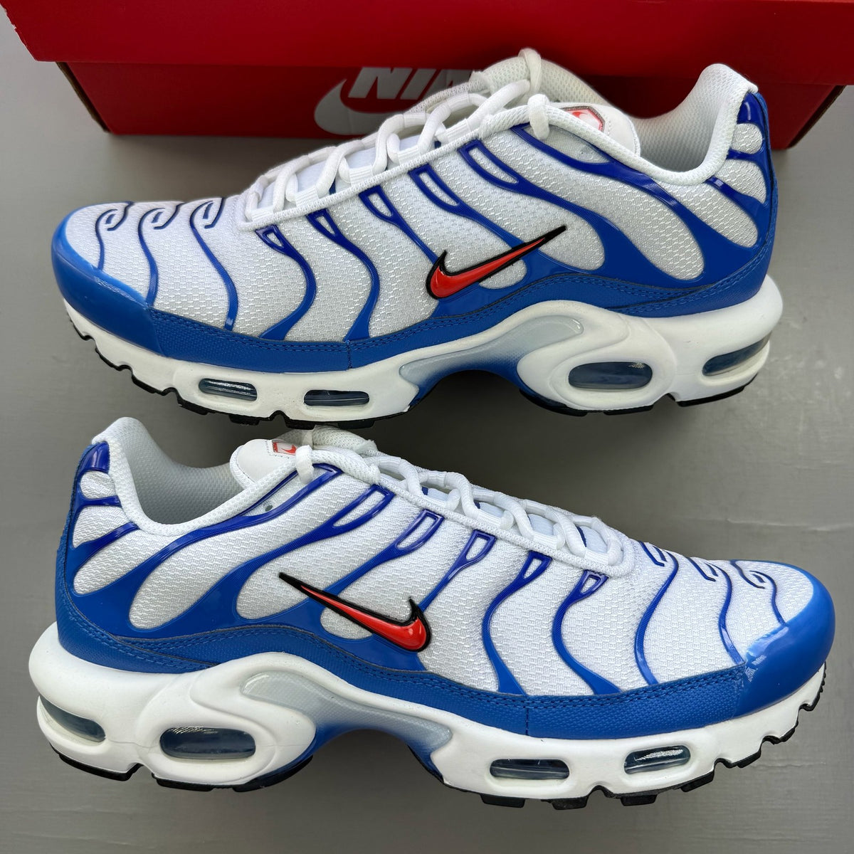 Nike Air Max Plus TN white trainers with blue accents and signature logo.