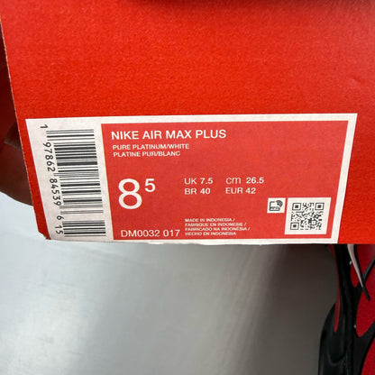 Nike Air Max Plus TN red with pure platinum accents and iconic logo detail.
