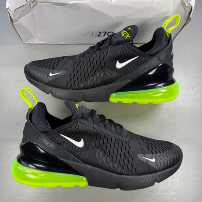 Nike running shoes black with volt neon accents and Air Max cushioning.