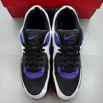 Nike Air Max 90 black trainers with purple accents and white sole, iconic design.
