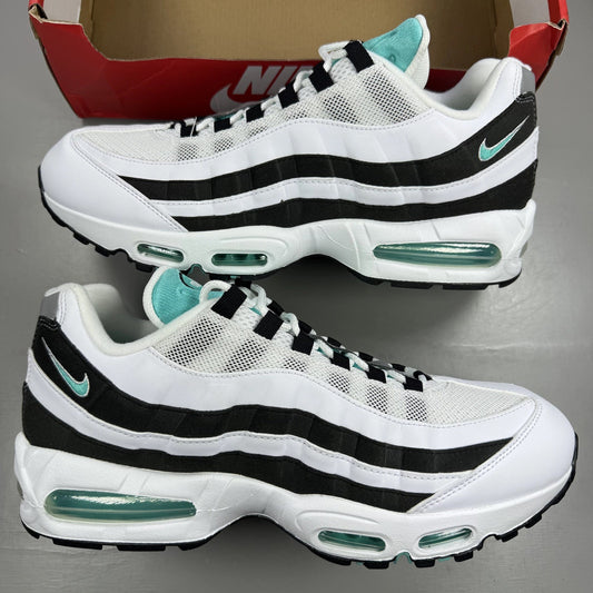 Nike Air Max 95 white sneaker with black border and Hyper Jade accents.
