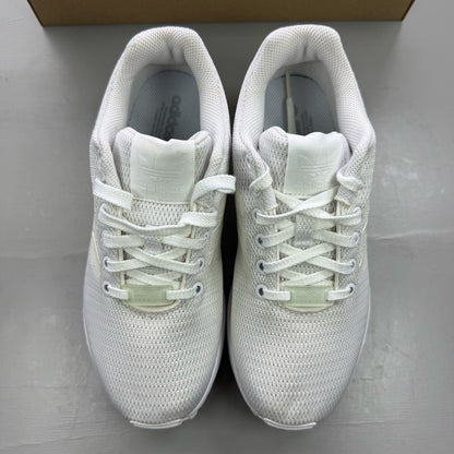 Adidas ZX Flux white running trainers with clear grey accents and minimalist design.