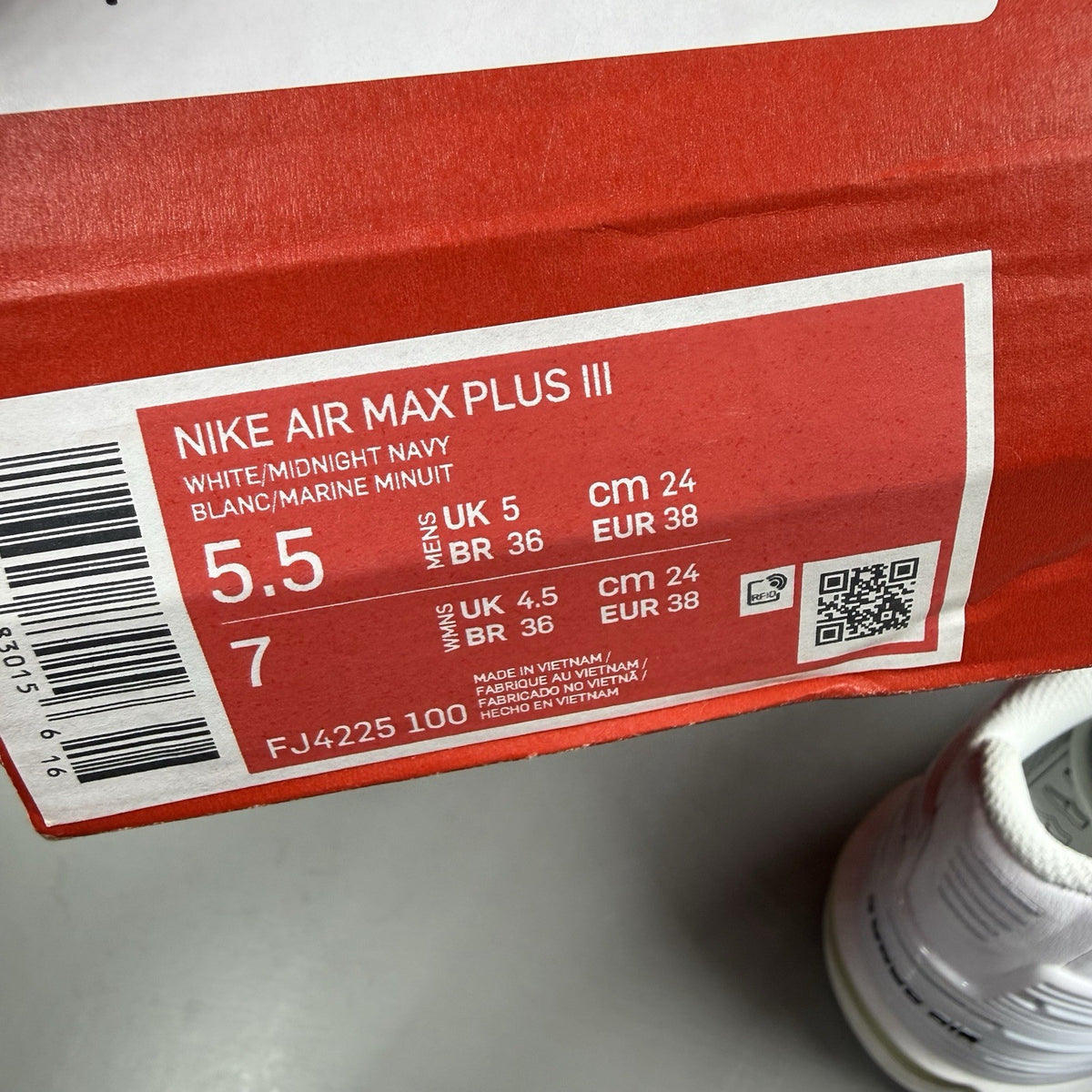 Nike Air Max Plus 3 white trainers with multi Swoosh logo and breathable mesh upper.