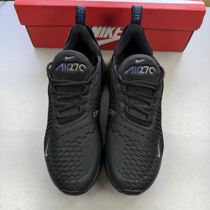 Nike black Air Max 270 trainers with Hyper Royal Blue accents and 'Just Do It' branding.