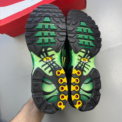 Nike Air Max Plus TN green trainers with logo detailing and mesh material.