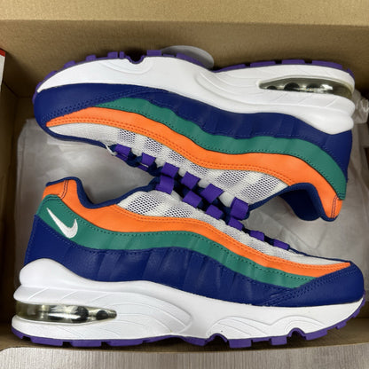 Nike Air Max 95 trainers white with Neptune blue accents and iconic logo details.