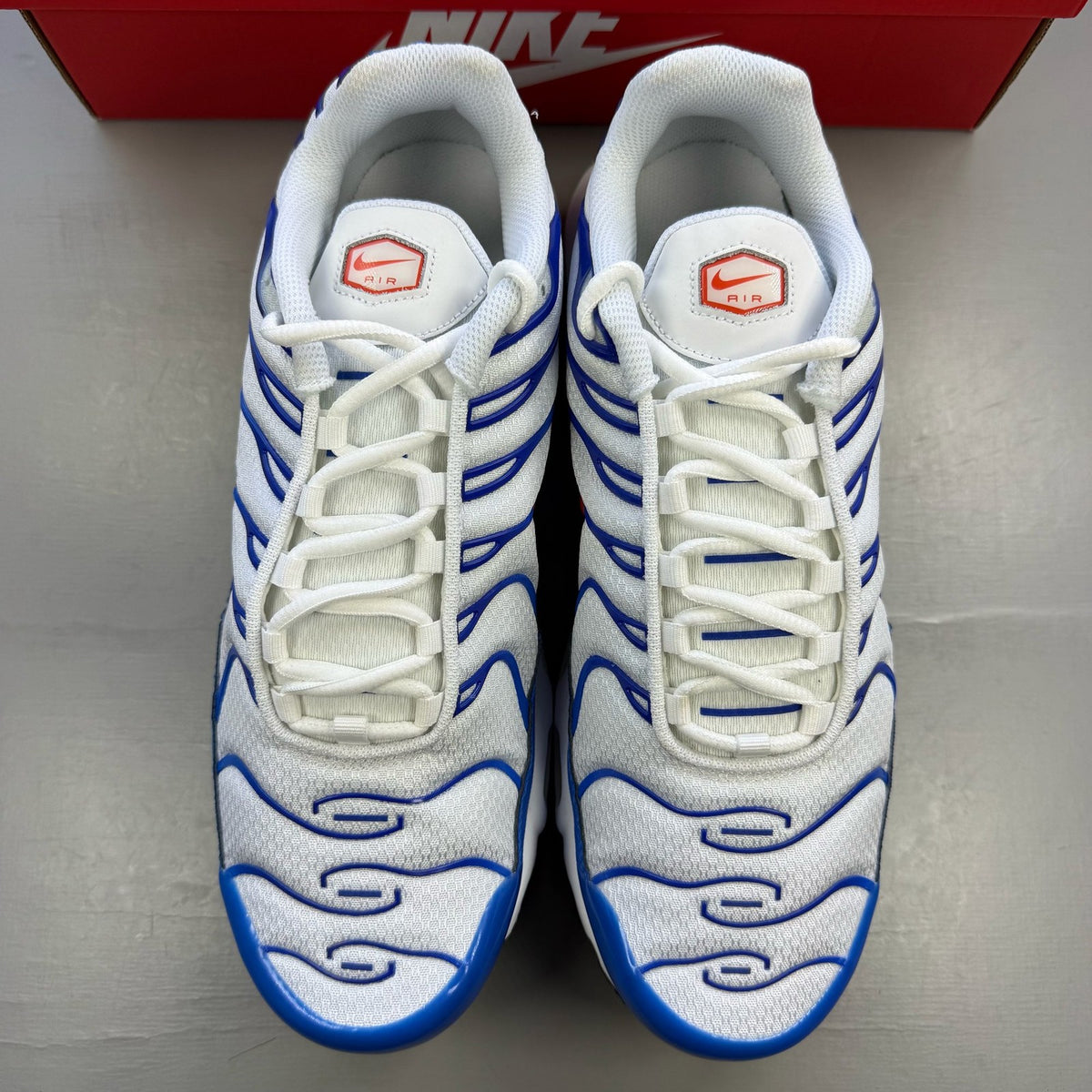 Nike Air Max Plus TN white trainers with blue accents and signature logo details.