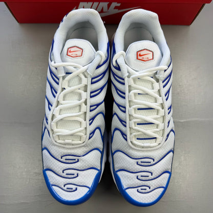 Nike Air Max Plus TN white trainers with blue accents and signature logo details.