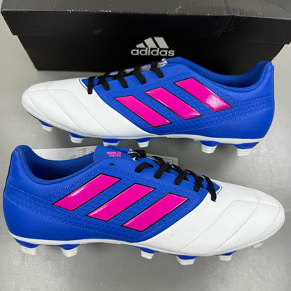 Adidas football boots white with blue and pink accents, featuring logo and textured material.