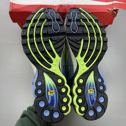 Nike Air Max Plus II white trainers with Valerian Blue and Ghost Green accents.