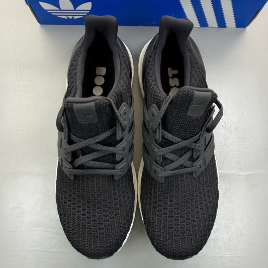 Adidas Ultra Boost 4.0 black running trainers with white accents and logo detail.