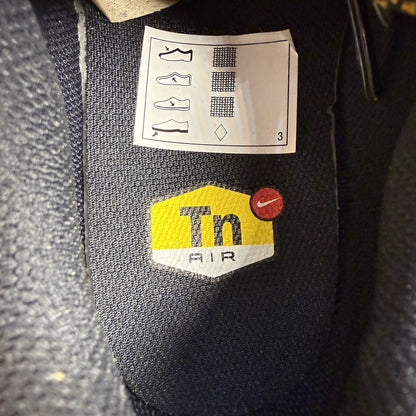 Nike Air Max Plus TN trainers black with gold accents and distinctive wavy pattern.
