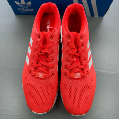 Adidas ZX Flux EM red trainers with white accents and textured mesh upper.