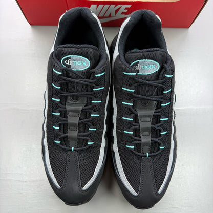 Nike Air Max 95 black trainers with Aurora Green and Grey accents, featuring iconic logo.