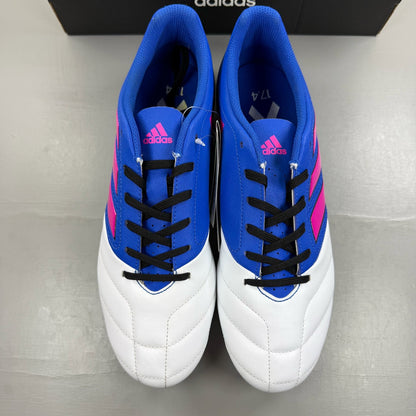 Adidas football boots white with blue and pink accents, featuring logo and textured material.