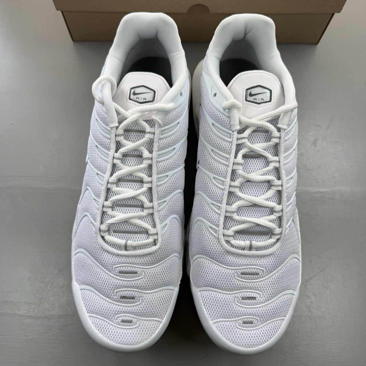 Nike Air Max Plus TN white trainers with grey accents and signature swoosh logo.