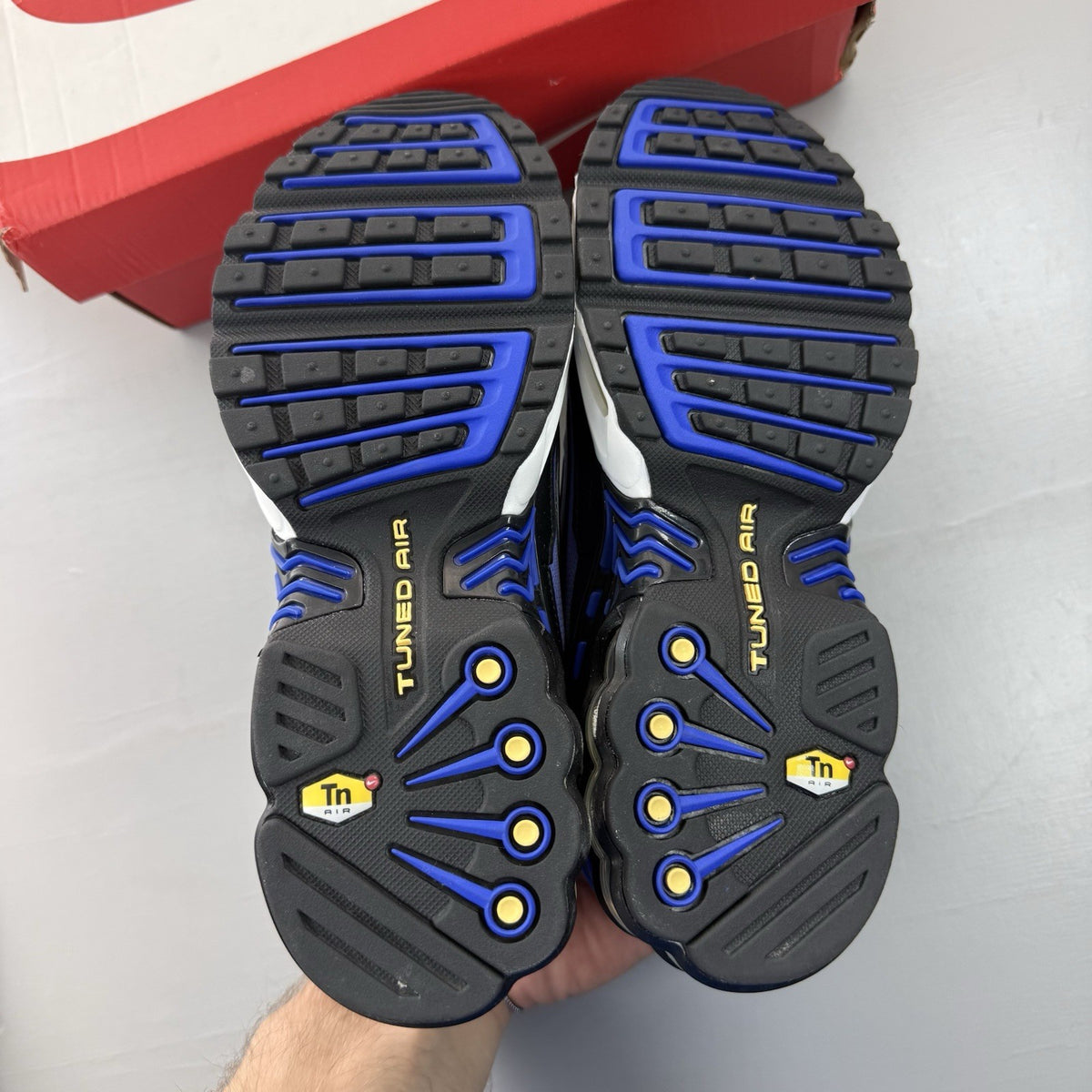 Nike Air Max Plus TN 3 blue trainers with black and white accents, logo on tongue.
