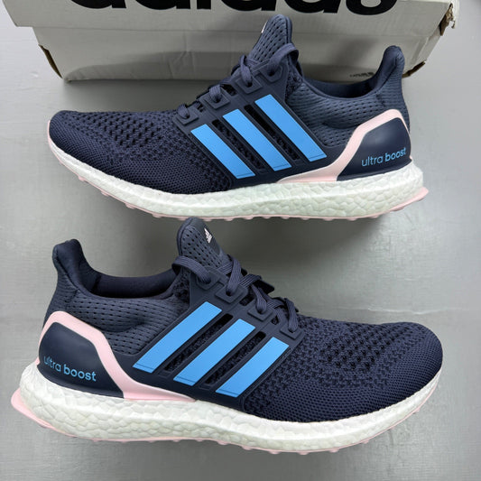 Adidas blue trainers with mesh upper and signature three stripes logo.
