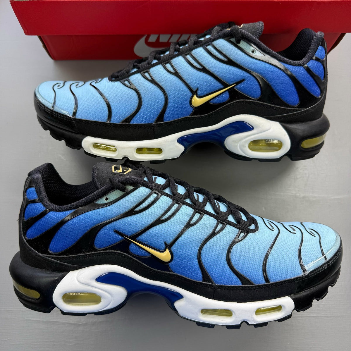 Nike Air Max Plus TN blue trainers with black accents and signature swoosh logo.