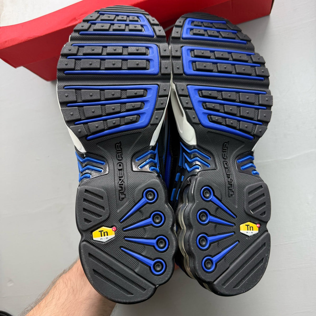 Nike Air Max Plus TN 3 blue trainers with black accents and iconic swoosh logo.