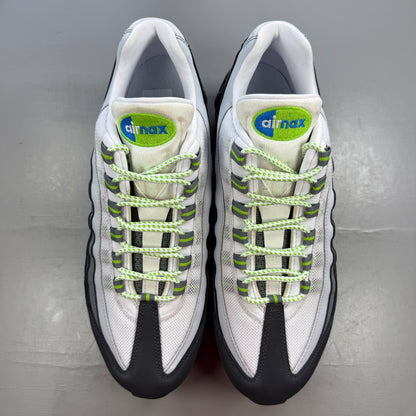 Nike Air Max 95 green trainers with big bubble design and blue accents.