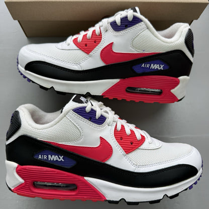 Nike Air Max 90 Raptors white trainers with red, purple, and black accents.