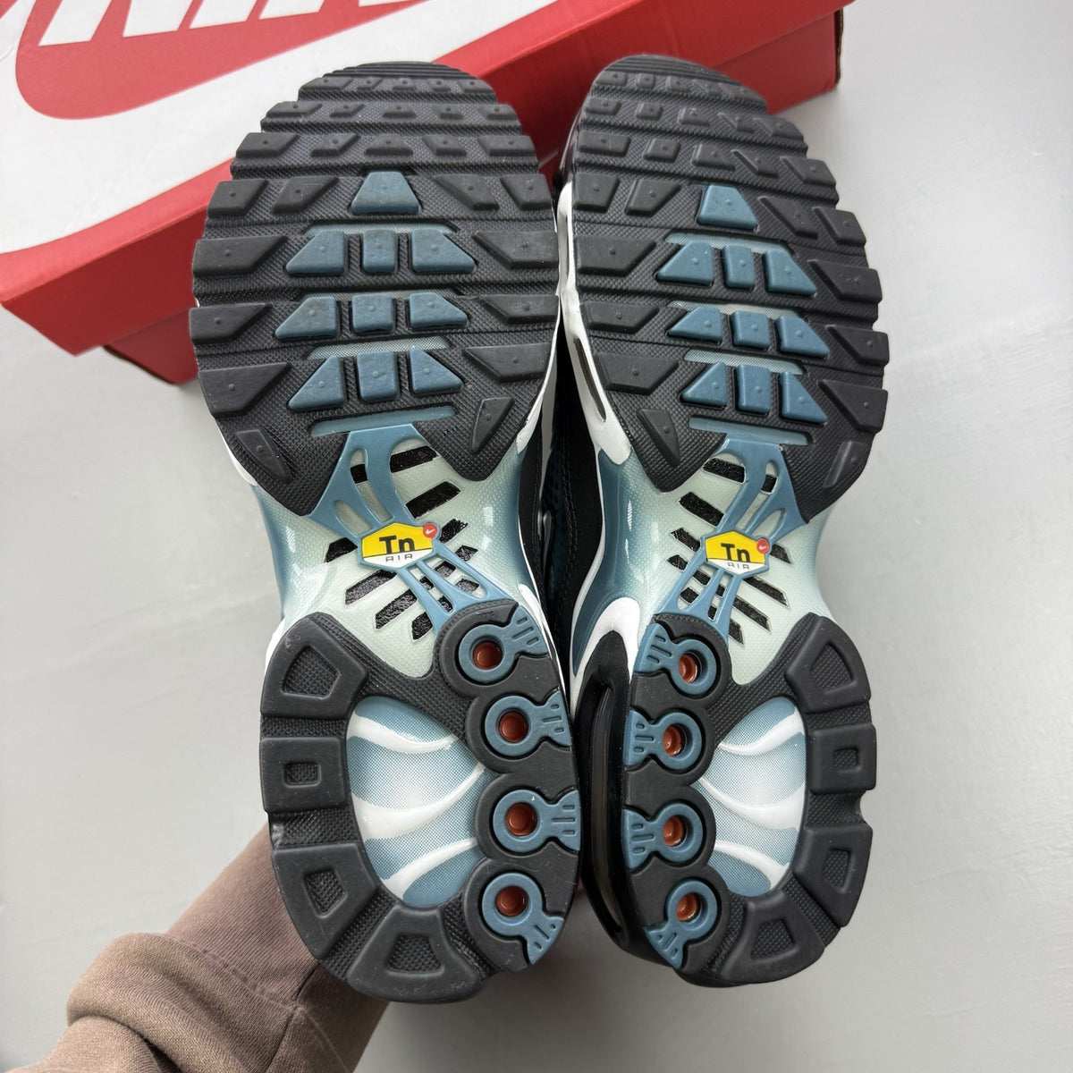 Nike Air Max Plus TN black with dusty cactus dot pattern and signature logo.