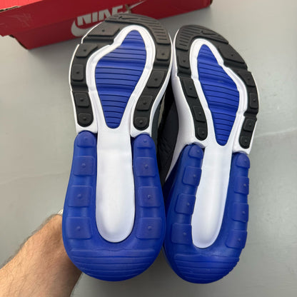 Nike Air Max 270 black trainers with game royal and white accents, mesh upper.