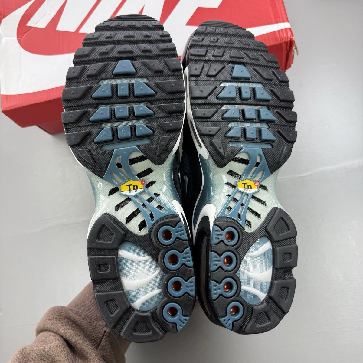 Nike Air Max Plus TN black with dusty cactus dot pattern and signature logo.