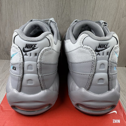 Nike Air Max 95 trainers grey with aqua blue accents and retro logo details.
