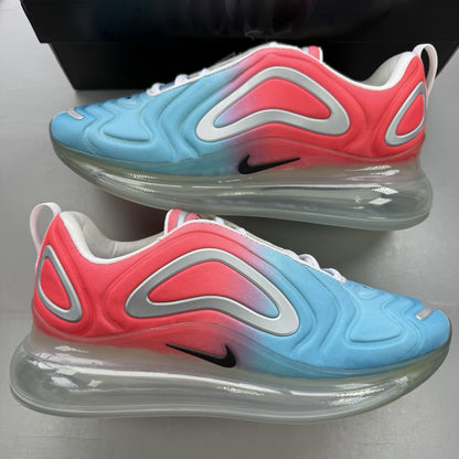 Nike Air Max 720 trainers blue with pink and lava glow accents, mesh upper.